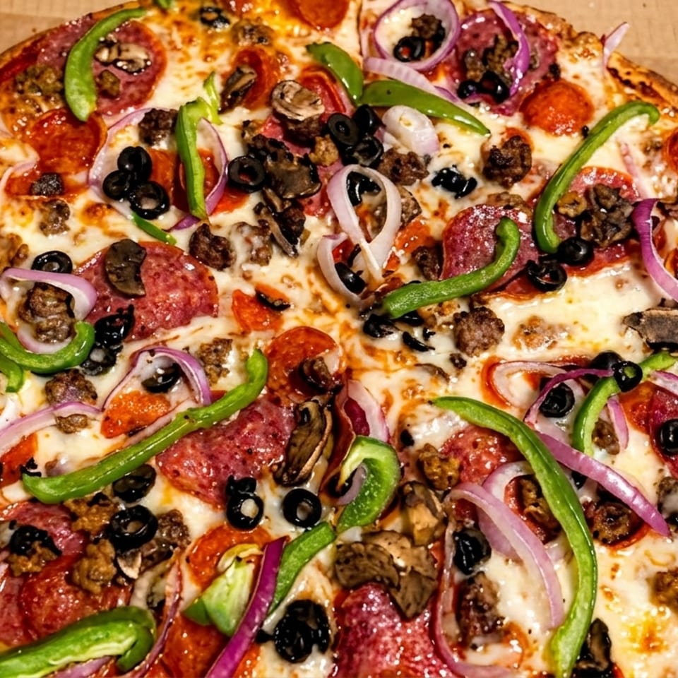 A whole pizza in a cardboard box, topped with pepperoni, sausage, mushrooms, olives, onions, and green peppers.